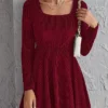Women's Party Dress Velvet Dress Cocktail Dress Mini Dress Wine Long Sleeve Pure Color Ruched Spring Fall Winter Square Neck Fashion Winter Dress Wedding Guest Vacation 2023 S M L XL