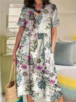 Women's Casual Dress Cotton Linen Dress Swing Dress Midi Dress Cotton Blend Basic Casual Outdoor Daily Vacation V Neck Pocket Print Short Sleeve Summer Spring 2023 Loose Fit Yellow Navy Blue Purple -Party Prom Dresses Sales Store nifuya1676442365650