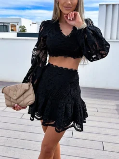 Women's Party Dress Lace Dress Cocktail Dress Mini Dress Black White Long Sleeve Pure Color Lace Fall Winter Autumn V Neck Fashion Vacation 2023 S M L XL XXL
