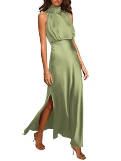 Women's Prom Dress Party Dress Satin Dress Long Dress Maxi Dress Black Light Green Wine Sleeveless Pure Color Split Summer Spring Stand Collar Fashion Evening Party Wedding Guest Vacation Loose Fit -Party Prom Dresses Sales Store nisfpn1678413539382