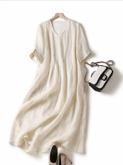 Women's Casual Dress Cotton Linen Dress White Dress Midi Dress Cotton Blend Basic Casual Outdoor Vacation V Neck Ruched Half Sleeve Summer Spring Fall 2023 Loose Fit White Green Apricot Pure Color M 16 Women's Casual Dress Cotton Linen Dress White Dress Midi Dress Cotton Blend Basic Casual Outdoor Vacation V Neck Ruched Half Sleeve Summer Spring Fall 2023 Loose Fit White Green Apricot Pure Color M -Party Prom Dresses Sales Store nixkwy1682564018374