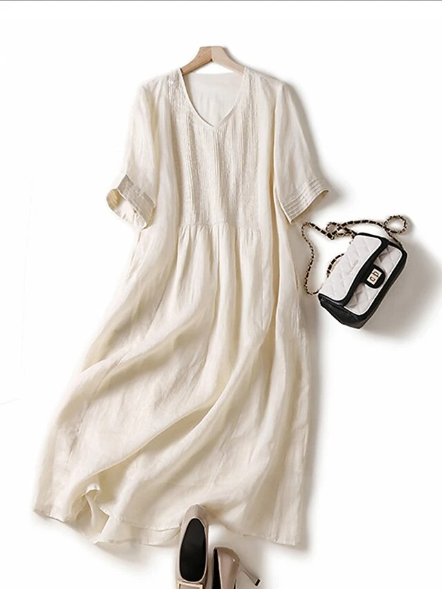 Women's Casual Dress Cotton Linen Dress White Dress Midi Dress Cotton Blend Basic Casual Outdoor Vacation V Neck Ruched Half Sleeve Summer Spring Fall 2023 Loose Fit White Green Apricot Pure Color M 4 Women's Casual Dress Cotton Linen Dress White Dress Midi Dress Cotton Blend Basic Casual Outdoor Vacation V Neck Ruched Half Sleeve Summer Spring Fall 2023 Loose Fit White Green Apricot Pure Color M - Image 4