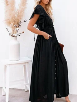 Women's Normal Party Dress White Dress Long Dress Maxi Dress Black White Army Green Long Sleeve Pure Color Button Summer Spring Fall Plunge Vacation One-Size -Party Prom Dresses Sales Store nixthk1655979375090