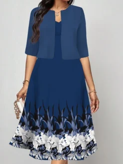 Women's Two Piece Dress Set Casual Dress Print Dress Outdoor Daily Fashion Elegant Print Midi Dress V Neck Half Sleeve Floral Geometric Regular Fit Silver Wine Navy Blue Fall Winter S M L XL XXL