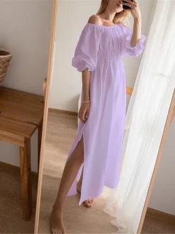 Women's Casual Dress Cotton Linen Dress White Dress Maxi Long Dress Linen / Cotton Blend Basic Classic Outdoor Daily Vacation Off Shoulder Backless Split Half Sleeve Summer Spring Fall 2023 Loose Fit -Party Prom Dresses Sales Store njhwtm1689325818107