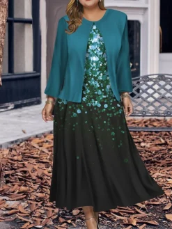 Women's Plus Size Two Piece Dress Set Casual Dress Swing Dress Outdoor Office Fashion Streetwear Print Midi Dress Crew Neck Long Sleeve Ombre Regular Fit Wine Navy Blue Blue Fall Winter L XL XXL 3XL -Party Prom Dresses Sales Store njsyil1697785907562