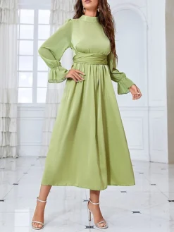 Women's Prom Dress Party Dress Satin Dress Long Dress Maxi Dress Green Long Sleeve Pure Color Strappy Spring Fall Winter Stand Collar Fashion Winter Dress Evening Party Wedding Guest 2023 S M L XL -Party Prom Dresses Sales Store njxmze1693390907527