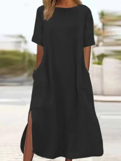 Women's Casual Dress Cotton Linen Dress A Line Dress Maxi Long Dress Cotton Blend Basic Modern Outdoor Daily Crew Neck Pocket Split Short Sleeve Summer Spring 2023 Loose Fit ArmyGreen Black Wine Plain -Party Prom Dresses Sales Store njzwev1684825418909