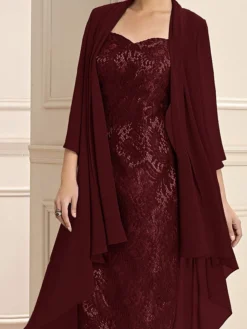 Women's Two Piece Dress Set Party Dress Lace Dress Party Outdoor Fashion Streetwear Lace Patchwork Midi Dress V Neck 3/4 Length Sleeve Plain Regular Fit Wine Fall Winter S M L XL XXL -Party Prom Dresses Sales Store nkvvze1697016766941
