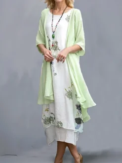 Women's Two Piece Dress Set Casual Dress Print Dress Daily Holiday Fashion Classic Fake Two Piece Print Midi Dress Crew Neck 3/4 Length Sleeve Floral Loose Fit White Pink Red Fall Winter One-Size