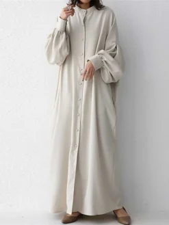 Women's Casual Dress Cotton Linen Dress Abaya Maxi Long Dress Linen / Cotton Blend Basic Classic Outdoor Daily Vacation Crew Neck Button Long Sleeve Spring Fall Winter 2023 Loose Fit Black Apricot -Party Prom Dresses Sales Store nlpmta1692341108594