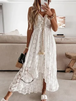 Women's Party Dress Casual Dress Holiday Dress Long Dress Maxi Dress White Beige Sleeveless Print Lace Summer Spring V Neck Basic Vacation 2023 S M L XL XXL