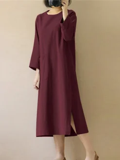 Women's Casual Dress Cotton Linen Dress Midi Dress Cotton Blend Basic Casual Outdoor Daily Vacation Crew Neck Pocket Long Sleeve Summer Spring Fall 2023 Loose Fit Black Wine Navy Blue Plain S M L XL -Party Prom Dresses Sales Store nlqqkf1673848806575