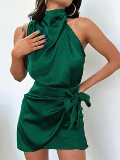 Women's Party Dress Homecoming Dress Cocktail Dress Mini Dress Black Champagne Light Green Sleeveless Pure Color Lace Up Spring Fall Winter Halter Neck Fashion Wedding Guest Birthday Vacation Loose -Party Prom Dresses Sales Store nlrvkx1693535345295