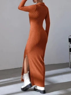 Women's Sweater Dress Winter Dress Jumper Dress Long Dress Maxi Dress Split Daily Date Going Out Active Fashion V Neck Long Sleeve 2023 Slim Black Brown Color S M L Size -Party Prom Dresses Sales Store nlzasy1693559544502