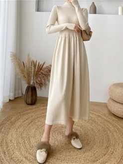 Women's Sweater Dress Jumper Dress Casual Dress Midi Dress Fashion Plain Outdoor Daily Going Out Turtleneck Long Sleeve 2023 Loose Fit Black Apricot One Size -Party Prom Dresses Sales Store nmfmmx1695630302504