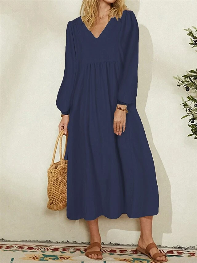 Women's Casual Dress Cotton Linen Dress Midi Dress Cotton Basic Classic Outdoor Daily Vacation V Neck Ruched Long Sleeve Summer Spring Fall 2023 Loose Fit Black White Navy Blue Plain M L XL 2XL 3XL 4 Women's Casual Dress Cotton Linen Dress Midi Dress Cotton Basic Classic Outdoor Daily Vacation V Neck Ruched Long Sleeve Summer Spring Fall 2023 Loose Fit Black White Navy Blue Plain M L XL 2XL 3XL - Image 4