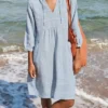 Women's Cotton Linen Dress Casual Dress Midi Dress Cotton Basic Classic Outdoor Daily Vacation V Neck Ruched Pocket 3/4 Length Sleeve Summer Spring Fall 2023 Regular Fit White Blue Green Plain S M L