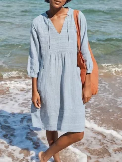 Women's Cotton Linen Dress Casual Dress Midi Dress Cotton Basic Classic Outdoor Daily Vacation V Neck Ruched Pocket 3/4 Length Sleeve Summer Spring Fall 2023 Regular Fit White Blue Green Plain S M L