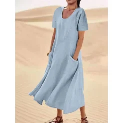 Women's Casual Dress Cotton Linen Dress Swing Dress Maxi Long Dress Linen Cotton Blend Fashion Classic Outdoor Daily Vacation Crew Neck Pocket Short Sleeve Summer Spring 2023 Loose Fit Black Pink Sky -Party Prom Dresses Sales Store nnjeva1681376496139