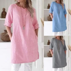 Women's Cotton Linen Dress A Line Dress Mini Dress Cotton Cotton Blend Casual Comfort Home Split Neck Pocket Rolled Cuff Half Sleeve Summer Spring Loose Fit Pink Light Blue Gray Pure Color S M L XL