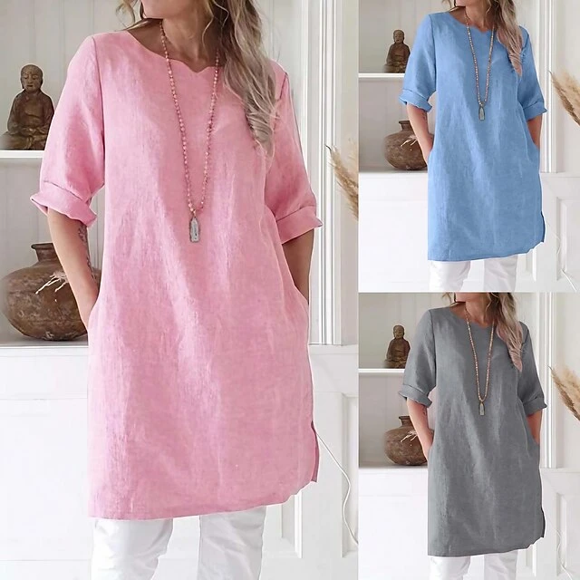 Women's Cotton Linen Dress A Line Dress Mini Dress Cotton Cotton Blend Casual Comfort Home Split Neck Pocket Rolled Cuff Half Sleeve Summer Spring Loose Fit Pink Light Blue Gray Pure Color S M L XL 1 Women's Cotton Linen Dress A Line Dress Mini Dress Cotton Cotton Blend Casual Comfort Home Split Neck Pocket Rolled Cuff Half Sleeve Summer Spring Loose Fit Pink Light Blue Gray Pure Color S M L XL