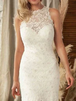 Women‘s Party Dress Wedding Guest Dress Lace Dress Sheath Dress Long Dress Maxi Dress White Sleeveless Pure Color Lace Spring Summer Crew Neck Fashion Party Spring Dress Slim 2023 S M L XL -Party Prom Dresses Sales Store nnlphf1657089349584