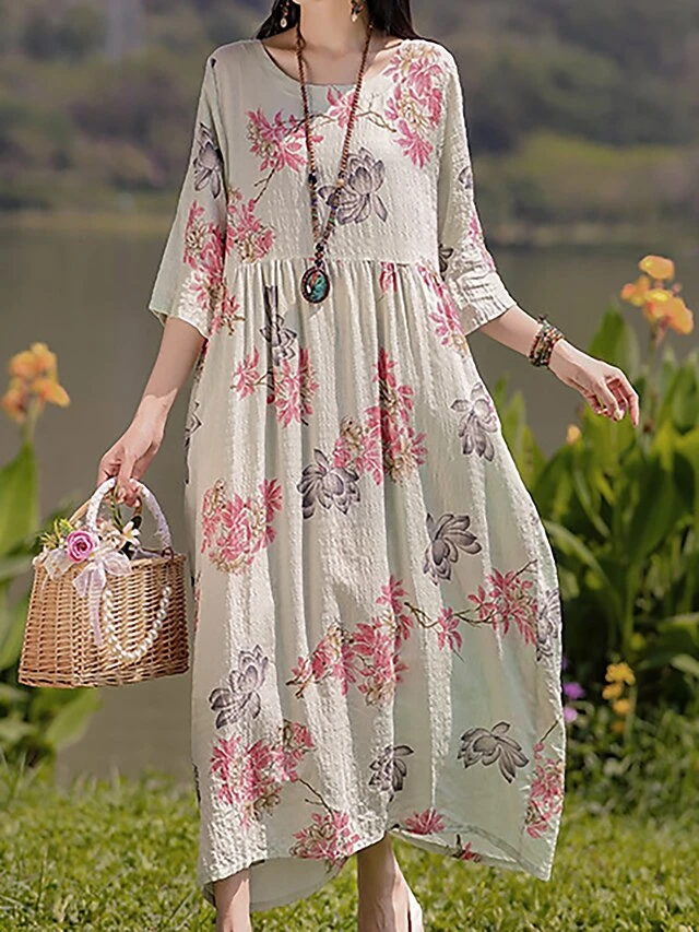 Women's Casual Dress Cotton Linen Dress Swing Dress Midi Dress Linen / Cotton Blend Sweet Style Modern Outdoor Daily Holiday Crew Neck Print 3/4 Length Sleeve Fall Winter Autumn 2023 Loose Fit Yellow 10 Women's Casual Dress Cotton Linen Dress Swing Dress Midi Dress Linen / Cotton Blend Sweet Style Modern Outdoor Daily Holiday Crew Neck Print 3/4 Length Sleeve Fall Winter Autumn 2023 Loose Fit Yellow - Image 10