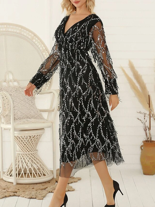 Women's Prom Dress Party Dress Fringe Dress Long Dress Maxi Dress Black Beige Long Sleeve Pure Color Sequins Summer Spring V Neck Party 2023 S M L XL 2XL 4 Women's Prom Dress Party Dress Fringe Dress Long Dress Maxi Dress Black Beige Long Sleeve Pure Color Sequins Summer Spring V Neck Party 2023 S M L XL 2XL - Image 4