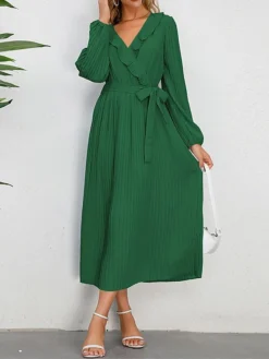 Women's Work Dress Swing Dress Black Dress Fashion Midi Dress Lace Up Ruched V Neck Long Sleeve Plain Loose Fit Black Blue Green Fall Winter S M L XL XXL