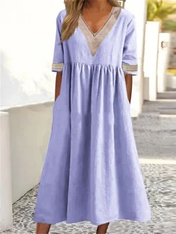 Women's Casual Dress Cotton Linen Dress Swing Dress Midi Dress Cotton Blend Fashion Basic Outdoor Daily Vacation V Neck Lace Ruched Half Sleeve Summer Spring Fall 2023 Loose Fit White Pink Blue Plain 11 Women's Casual Dress Cotton Linen Dress Swing Dress Midi Dress Cotton Blend Fashion Basic Outdoor Daily Vacation V Neck Lace Ruched Half Sleeve Summer Spring Fall 2023 Loose Fit White Pink Blue Plain -Party Prom Dresses Sales Store nnsymu1681213057714