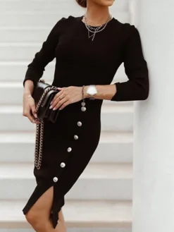 Women's Sheath Dress Knee Length Dress Green White Black Khaki Long Sleeve Pure Color Split Button Fall Winter Crew Neck Casual 2022 S M L XL XXL XXXL / Cotton