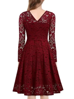 Women‘s Party Dress Wedding Guest Dress Lace Dress Dress Knee Length Dress Black Wine Navy Blue Long Sleeve Pure Color Lace Winter Fall Spring V Neck Elegant Winter Dress Office 2023 S M L XL XXL 3XL -Party Prom Dresses Sales Store nnxyty1635935567991