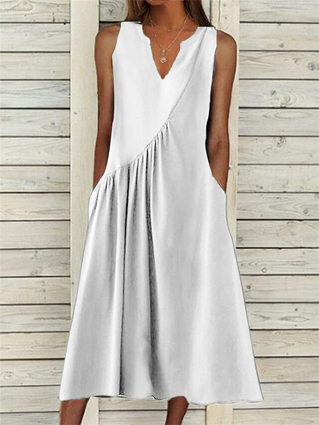 Women's Casual Dress Cotton Linen Dress Swing Dress Midi Dress Cotton Blend Fashion Basic Outdoor Daily Vacation V Neck Ruched Pocket Sleeveless Summer Spring 2023 Loose Fit Black White Blue Plain S 2 Women's Casual Dress Cotton Linen Dress Swing Dress Midi Dress Cotton Blend Fashion Basic Outdoor Daily Vacation V Neck Ruched Pocket Sleeveless Summer Spring 2023 Loose Fit Black White Blue Plain S - Image 2