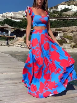 Women's Dress Set Two Piece Dress Skirt Set Long Dress Maxi Dress Yellow Fuchsia Sleeveless Floral Backless Summer Spring V Neck Vacation Slim 2023 S M L XL XXL -Party Prom Dresses Sales Store noducn1645527798706