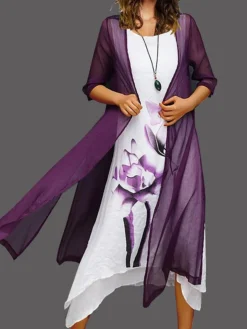 Women's Two Piece Dress Set Casual Dress Cotton Linen Dress Outdoor Daily Fashion Casual Fake Two Piece Print Midi Dress Crew Neck Short Sleeve Floral Painting Regular Fit Yellow Pink Red Summer