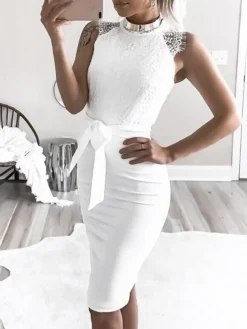 Women's Party Dress Cocktail Dress Wedding Guest Dress Midi Dress White Sleeveless Pure Color Lace Up Summer Spring Crew Neck Fashion Wedding Guest Vacation Summer Dress 2023 S M L XL 2XL