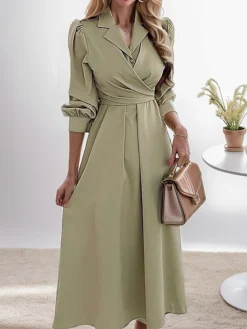 Women's Work Dress Semi Formal Dress A Line Dress Fashion Office Daily Workfashion Midi Dress Ruched Button Shirt Collar Long Sleeve Plain Loose Fit Black Army Green Gray Fall Winter S M L XL