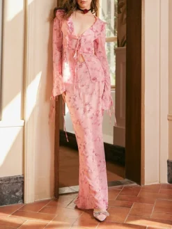 Women's Two Piece Dress Set Casual Dress Skirt Set Outdoor Daily Fashion Streetwear Print Long Dress Maxi Dress V Neck Long Sleeve Floral Slim Pink Green Fall S M L