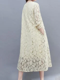 Women's Work Dress Lace Dress Black Dress Fashion Midi Dress Lace Crew Neck Long Sleeve Plain Loose Fit Black White Pink Fall Winter M L XL XXL 3XL -Party Prom Dresses Sales Store nozwag1693300597982