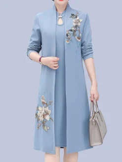 Women's Two Piece Dress Set Print Dress Outdoor Vacation Casual Print Midi Dress Stand Collar Long Sleeve Floral Loose Fit Pink Wine Blue Fall Winter XL XXL XXXL 4XL 5XL -Party Prom Dresses Sales Store npazuu1675853175333