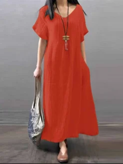 Women's Casual Dress Cotton Linen Dress A Line Dress Maxi Long Dress Cotton And Linen Basic Casual Outdoor Daily V Neck Pocket Short Sleeve Summer Spring 2023 Loose Fit ArmyGreen Navy Blue Orange -Party Prom Dresses Sales Store npccce1686881892786