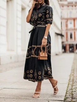 Women's Casual Dress Cotton Linen Dress White Dress Midi Dress Polyester Fashion Gothic Outdoor Daily Vacation Stand Collar Print Half Sleeve Summer Spring Fall 2023 Loose Fit Black Green Apricot -Party Prom Dresses Sales Store nprqvd1690369994075