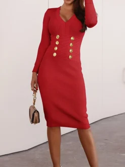 Women's Sweater Dress Jumper Dress Casual Dress Midi Dress Active Plain Outdoor Casual Holiday Vacation V Neck Long Sleeve Button 2023 Regular Fit Black Red Green S M L XL XXL -Party Prom Dresses Sales Store nqxpyt1697537824222