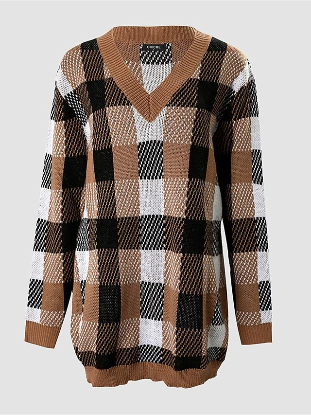 Women's Sweater Dress Winter Dress Jumper Dress Mini Dress Fashion Plaid Daily Date Going Out Weekend V Neck Long Sleeve Patchwork 2023 Regular Fit Khaki S M L XL 6 Women's Sweater Dress Winter Dress Jumper Dress Mini Dress Fashion Plaid Daily Date Going Out Weekend V Neck Long Sleeve Patchwork 2023 Regular Fit Khaki S M L XL - Image 6