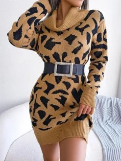 Women's Sweater Dress Jumper Dress Casual Dress Mini Dress Fashion Leopard Outdoor Daily Going Out Turtleneck Long Sleeve 2023 Loose Fit Black Wine Khaki S M L -Party Prom Dresses Sales Store nsirsg1694756283391
