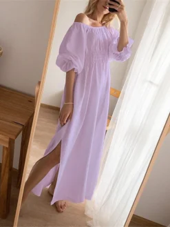 Women's Casual Dress Cotton Linen Dress White Dress Maxi Long Dress Linen / Cotton Blend Basic Classic Outdoor Daily Vacation Off Shoulder Backless Split Half Sleeve Summer Spring Fall 2023 Loose Fit -Party Prom Dresses Sales Store nslogb1689325818740