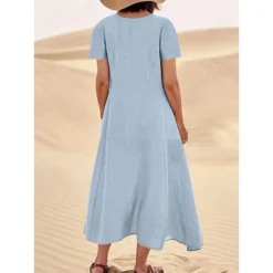 Women's Casual Dress Cotton Linen Dress Swing Dress Maxi Long Dress Linen Cotton Blend Fashion Classic Outdoor Daily Vacation Crew Neck Pocket Short Sleeve Summer Spring 2023 Loose Fit Black Pink Sky -Party Prom Dresses Sales Store ntcccj1681376496530
