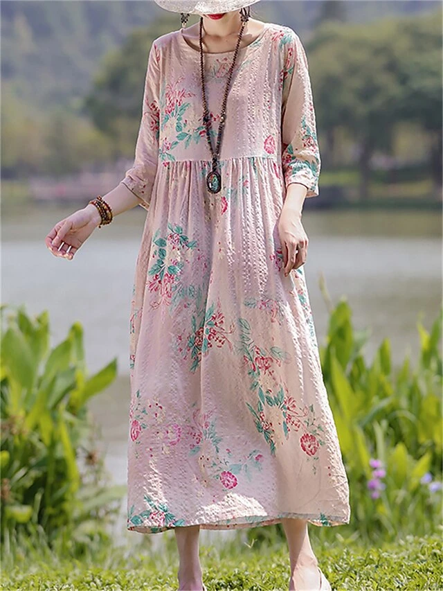 Women's Casual Dress Cotton Linen Dress Swing Dress Midi Dress Linen / Cotton Blend Sweet Style Modern Outdoor Daily Holiday Crew Neck Print 3/4 Length Sleeve Fall Winter Autumn 2023 Loose Fit Light 6 Women's Casual Dress Cotton Linen Dress Swing Dress Midi Dress Linen / Cotton Blend Sweet Style Modern Outdoor Daily Holiday Crew Neck Print 3/4 Length Sleeve Fall Winter Autumn 2023 Loose Fit Light - Image 6