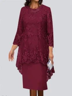 Women's Work Dress Lace Dress Semi Formal Dress Fashion Midi Dress Lace Patchwork Crew Neck 3/4 Length Sleeve Plain Loose Fit Champagne Wine Navy Blue Spring Fall S M L XL XXL -Party Prom Dresses Sales Store ntgoxe1691042277554